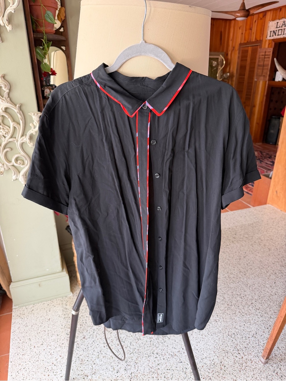 Wildfang Black Button-Down Shirt with Red Trim